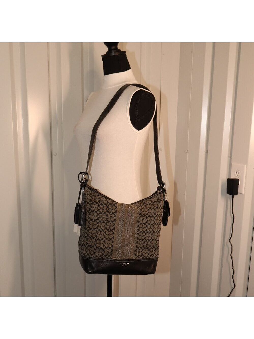 Coach Legacy Signature Stripe Duffle Shoulder Bag Black Gray D1271-19918 Adjust